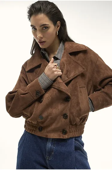 Brown Faux Suede Dropped Bomber Jacket