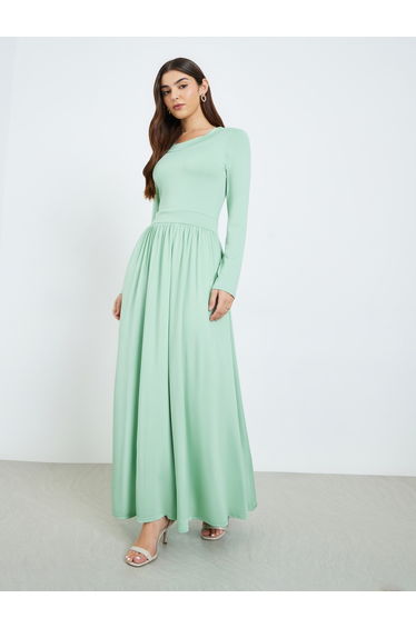 Women Green Gathered Waist A-Line Maxi Dress