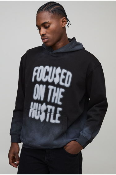 Black Oversized Hustle Washed Seam Printed Hoodie - black