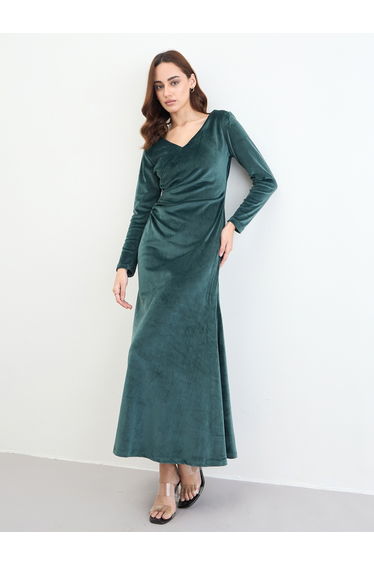 Dark Green Velvet Look A-Line Maxi Dress