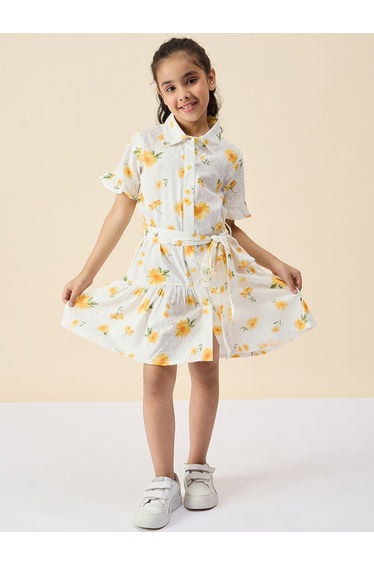Girls Floral Printed Textured Collared Dress