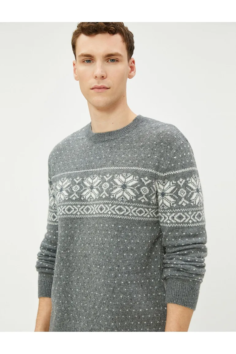 Crew Neck Sweater Ethnic Pattern Wool Blend - 2