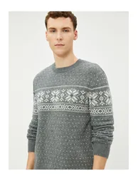 Crew Neck Sweater Ethnic Pattern Wool Blend - 2