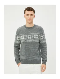 Crew Neck Sweater Ethnic Pattern Wool Blend