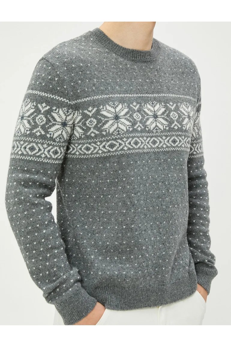 Crew Neck Sweater Ethnic Pattern Wool Blend - 4