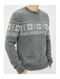 Crew Neck Sweater Ethnic Pattern Wool Blend - 4