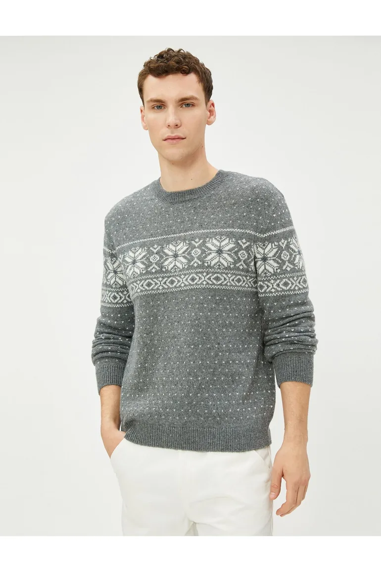 Crew Neck Sweater Ethnic Pattern Wool Blend - 1