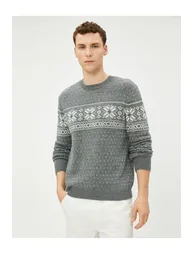 Crew Neck Sweater Ethnic Pattern Wool Blend - 1