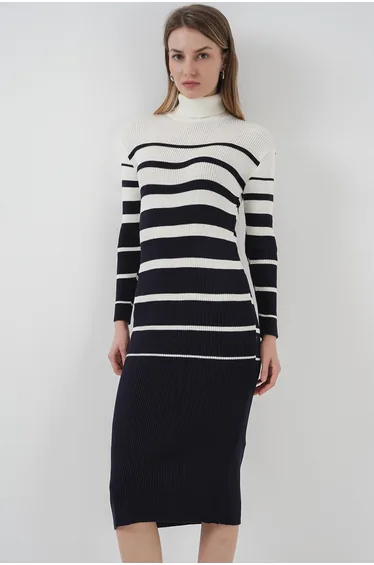 BDART Ribbed Striped Turtleneck Midi Knit Dress