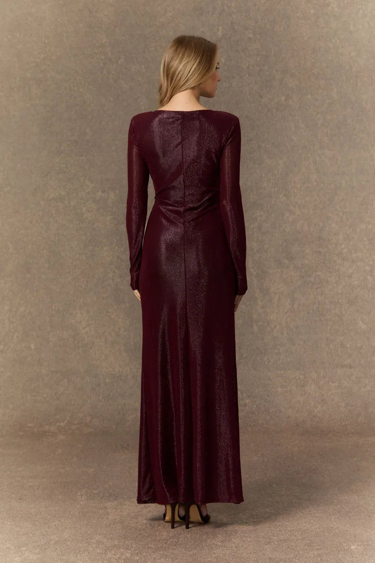 فستان سانفير أحمر ماكسي بقصة مستقيمة بأكمام طويلة - 4