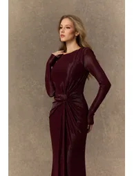 فستان سانفير أحمر ماكسي بقصة مستقيمة بأكمام طويلة - 5