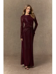 فستان سانفير أحمر ماكسي بقصة مستقيمة بأكمام طويلة - 2