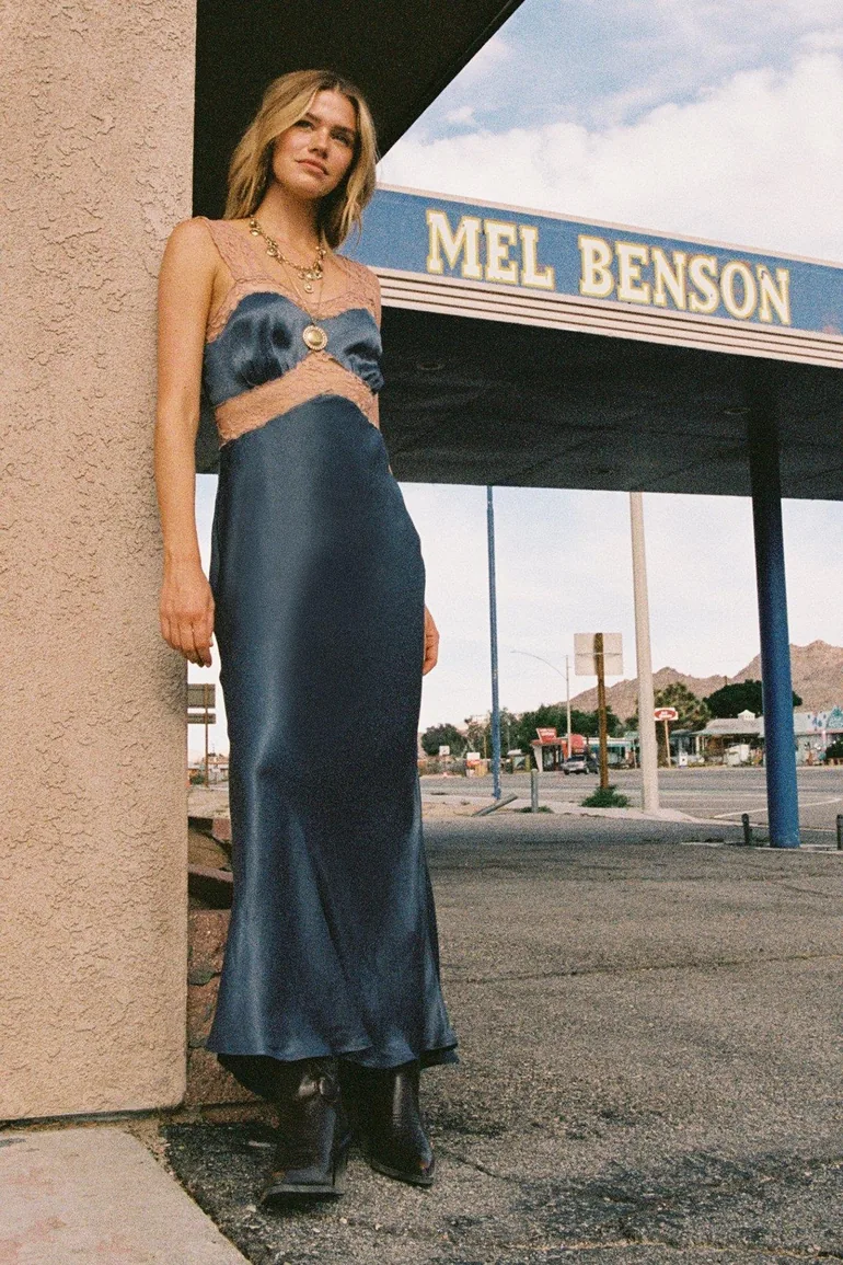 Premium Satin Lace Trim Maxi Dress - 2