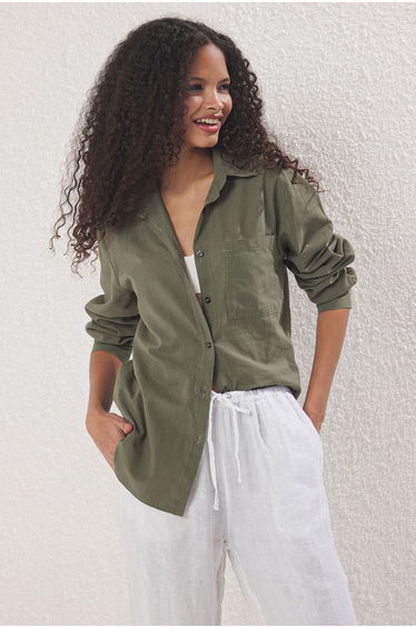 Khaki Cotton Blended Linen Look Oversize Wide Fit Woven Shirt
