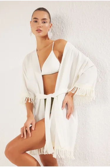 Ecru Mini Woven Tassel Kimono&Caftan