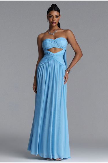 Prunella Elegant Contour Strapless Cut Out Ruched Mesh Maxi Dress