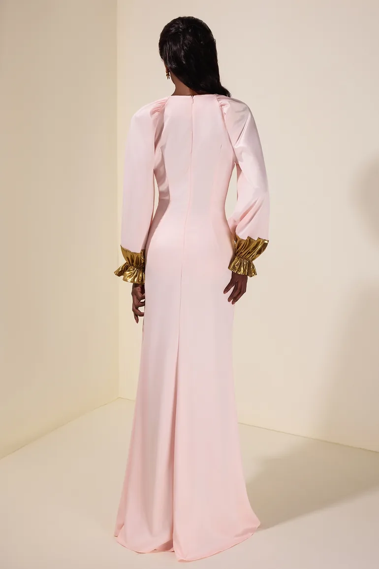 فستان ماكسي ساتان ميتاليك بأكمام راجلان - 1