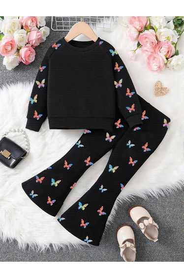 Girls Graphic Print Sweatshirt with Flare Pants Set