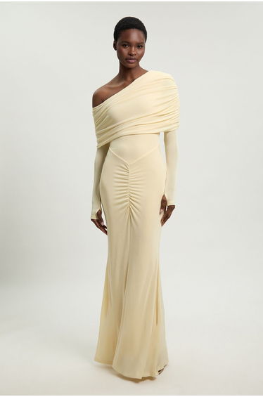Petite Drapey Crepe Off The Shoulder Ruched Detail Fishtail Maxi Dress