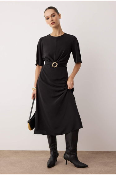 Black Plain Woven Dress with Accessory Detail