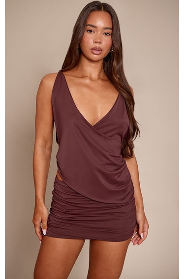 Chocolate Matte Sculpt Plunge Cowl Backless Long Top