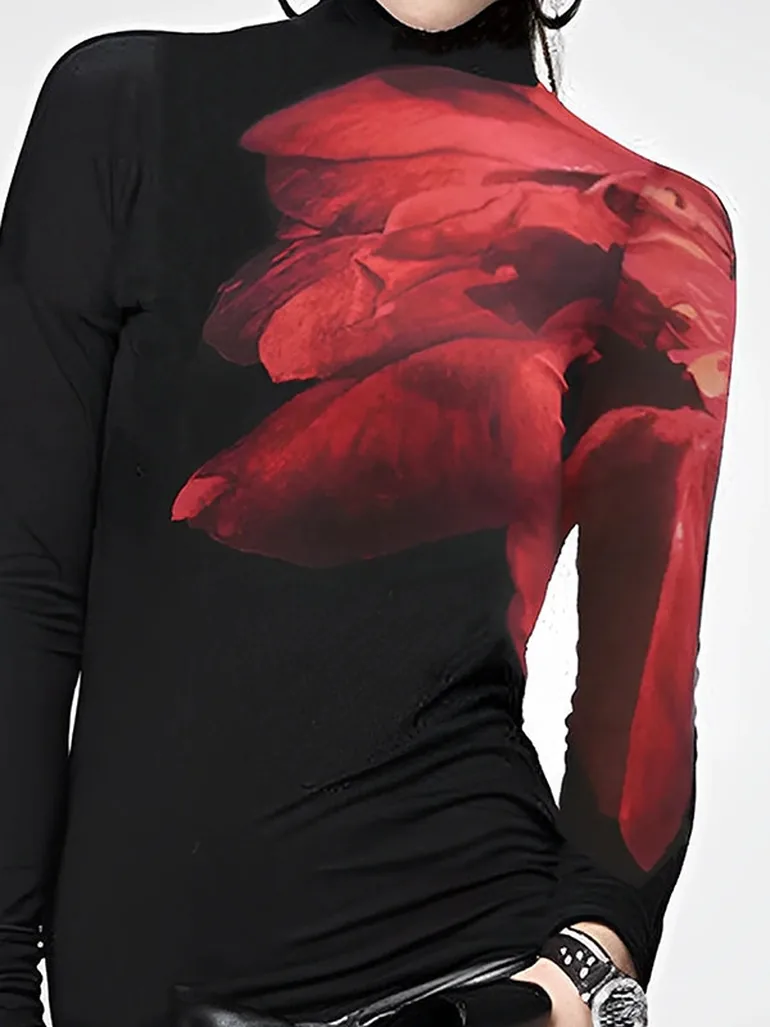 Long Sleeves Skinny Asymmetric Printed Split-Joint High Neck T-Shirts Tops - 1