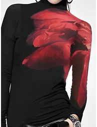 Long Sleeves Skinny Asymmetric Printed Split-Joint High Neck T-Shirts Tops - 1