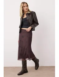Teen Light Brown Floral Printed Fish Shape Tulle Flexible Knit Skirt - 1
