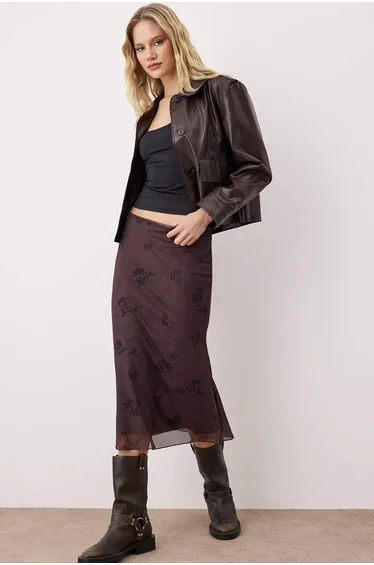 Teen Light Brown Floral Printed Fish Shape Tulle Flexible Knit Skirt