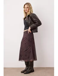 Teen Light Brown Floral Printed Fish Shape Tulle Flexible Knit Skirt - 2