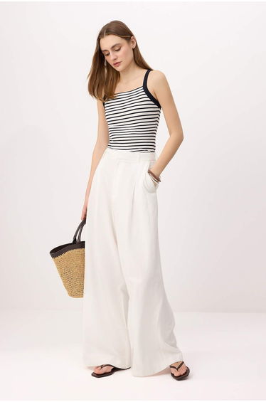 Navy Blue Striped Fitted Halter Neck Long Ribbed Stretchy Knitted Tank Top