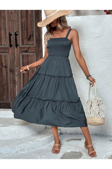 Women Grey Smocked Strappy Tiered Midi Dress