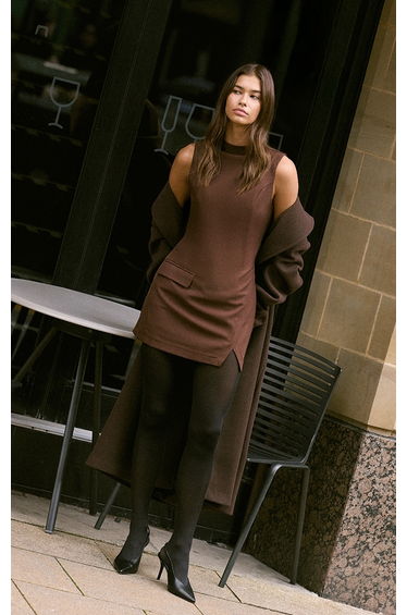 Chocolate Woven High Neck Pocket Detail Bodycon Dress