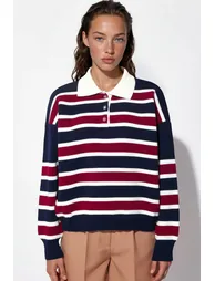 Striped Polo Collar Knit Sweater - 4