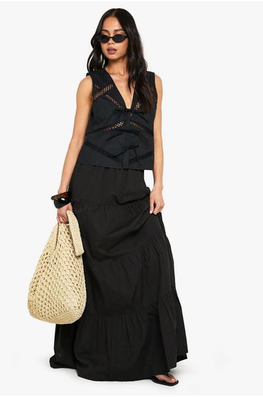 Lace Insert Tie Front Waistcoat - black
