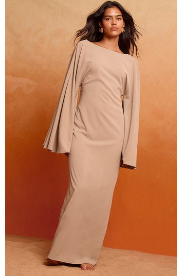 Mushroom Floaty Woven Flared Sleeve Maxi Dress
