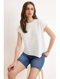 Ecru Plain Relaxed Crew Neck Low Sleeve Short 100% Cotton Knitted T-Shirt - 1