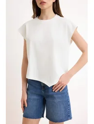 Ecru Plain Relaxed Crew Neck Low Sleeve Short 100% Cotton Knitted T-Shirt - 2