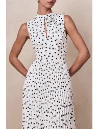 Avalon | White Polka Dot Scarf-Neck Midi Dress With Pleated Skirt - 2