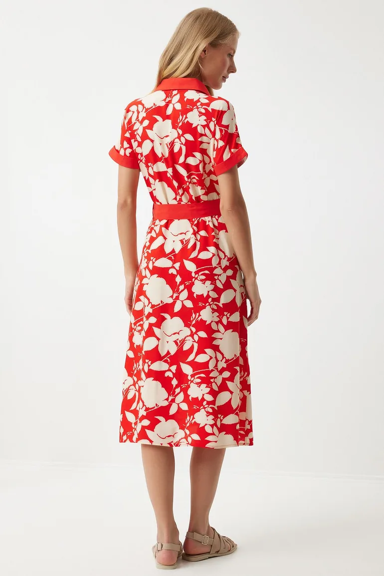 Women's Red Floral Summer Slim Viscose Dress - 6