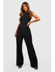 Tailored High Neck Cinched Waist Wide Leg Jumpsuit - black