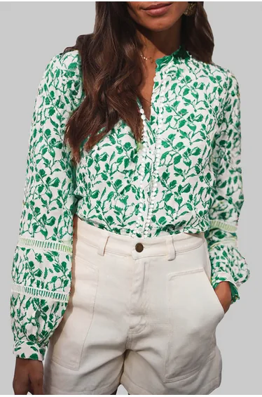 Lvness Green Printed Lace Detail Floral Puff Sleeve Fall Shirt