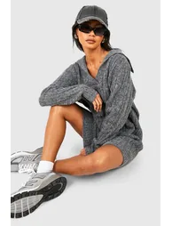 Soft Wide Rib Knit Collared Jumper Dress - charcoal - 1