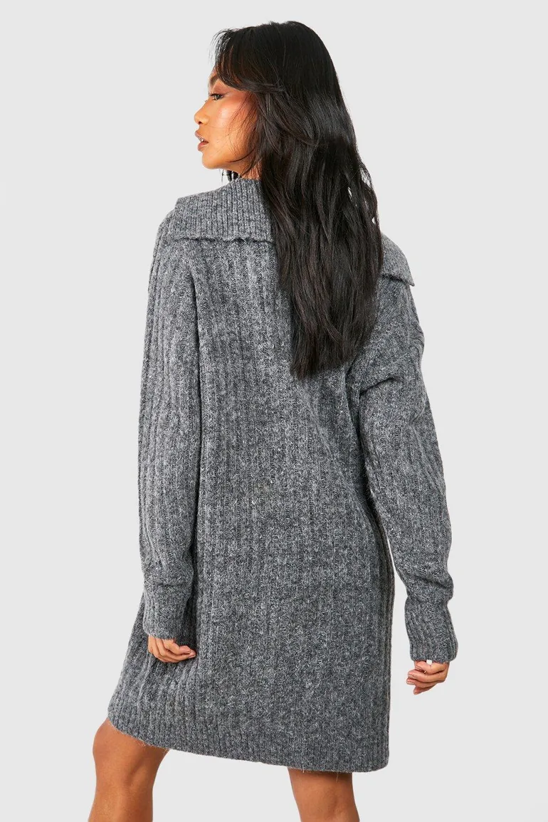 Soft Wide Rib Knit Collared Jumper Dress - charcoal - 2