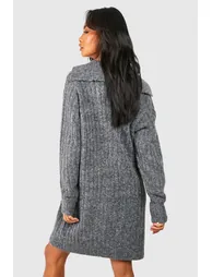 Soft Wide Rib Knit Collared Jumper Dress - charcoal - 2
