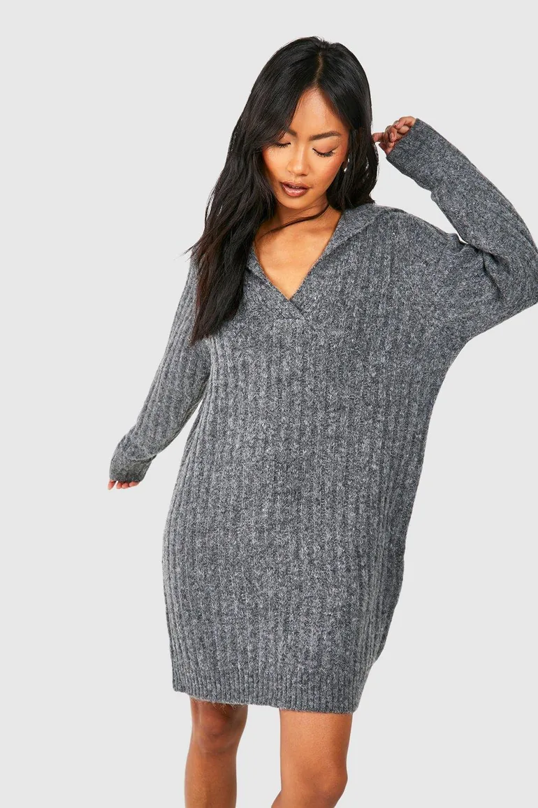 Soft Wide Rib Knit Collared Jumper Dress - charcoal