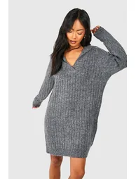 Soft Wide Rib Knit Collared Jumper Dress - charcoal