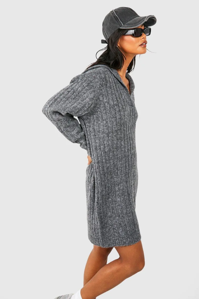 Soft Wide Rib Knit Collared Jumper Dress - charcoal - 3