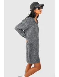 Soft Wide Rib Knit Collared Jumper Dress - charcoal - 3