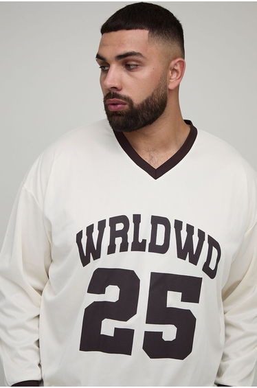 Plus Oversized WRLDWD Print Long-sleeved Sports T-Shirt - white